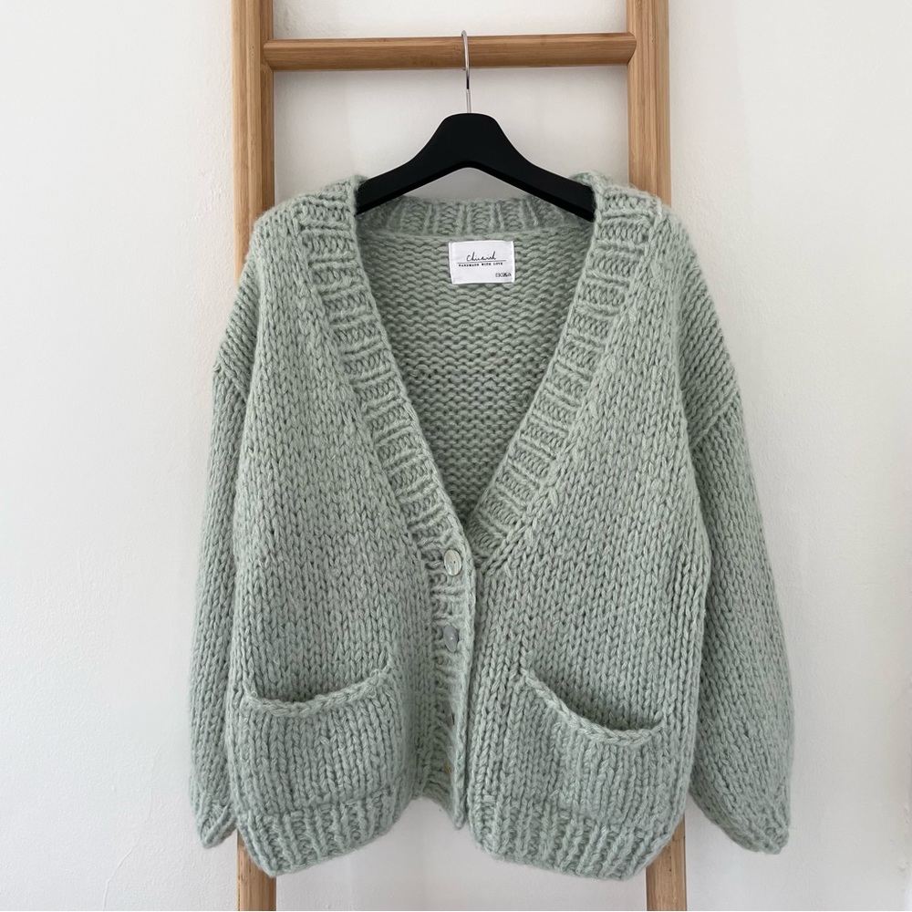 sea foam green hand knit oversized cardigan